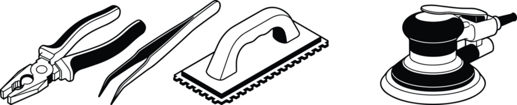 Pliers tweezers trowel orbital sander tool icons, construction repair silhouettes artwork decorative vector illustration element for hardware, DIY, and workshop design