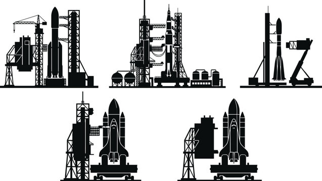 Rocket launch pad icons collection, space shuttle platforms, gantry towers, fueling equipment, aerospace engineering design &ndash; flat vector illustration