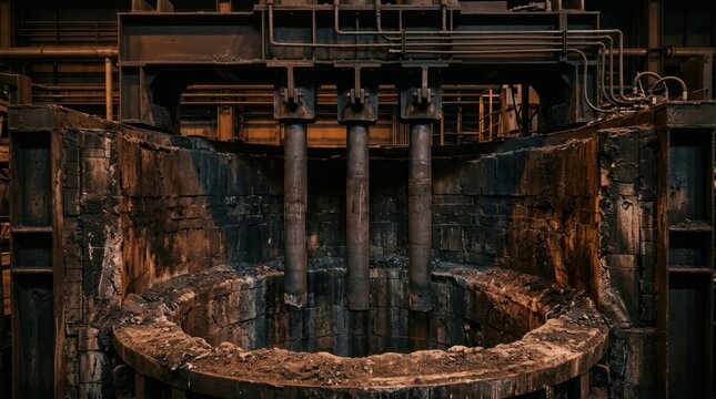 Industrial electric arc furnace interior in a steel manufacturing plant