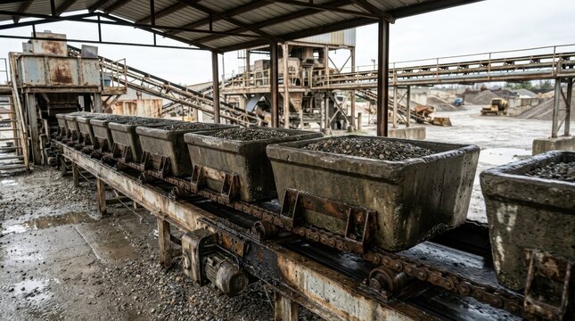 Industrial conveyor belt with heavy metal carts filled with gravel