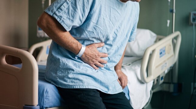 Patient in hospital gown suffering from severe abdominal stomach pain