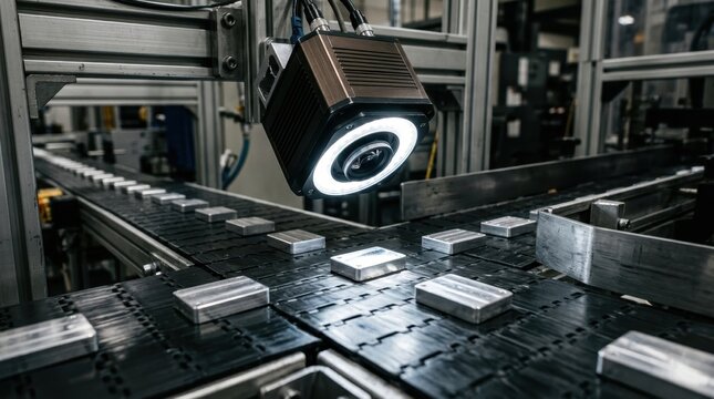 Industrial machine vision camera inspecting metal parts on a conveyor belt