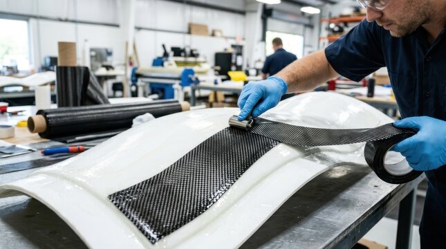 Technician applying carbon fiber fabric to a mold in a composite workshop