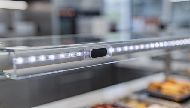 Close medium shot of a sneeze guard with blinking LED indicators signaling staff for immediate cleaning blurred background emphasizing sensor technology.