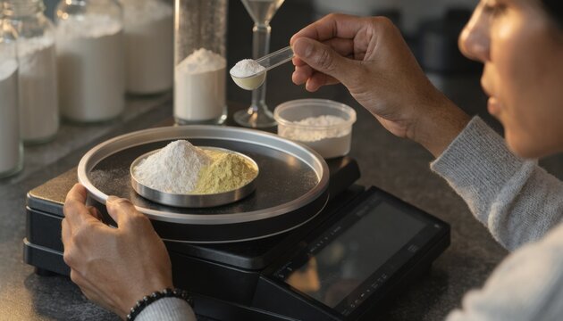 Closeup medium shot of a pharmacist weighing active pharmaceutical powders on a digital balance ensuring accurate dosage for personalized ointment preparation.