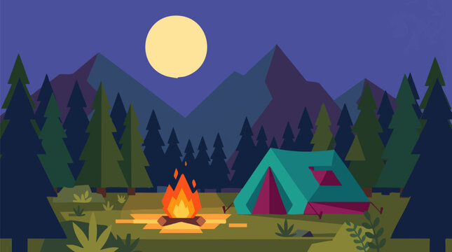 Vector illustration of a night camping scene with tent, campfire, and moon
