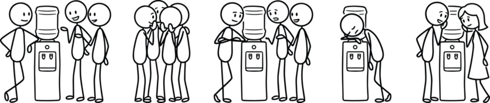 Stick figure water cooler conversation sequence, workplace gossip pictograms, casual chat icons, office social interaction design &ndash; flat vector illustration