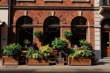 Fototapeta premium Red brick building exterior with arched windows and outdoor seating. Rich green plants in wooden planters adorn the restaurant patio. Urban street scene in summer with clear sunny weather.