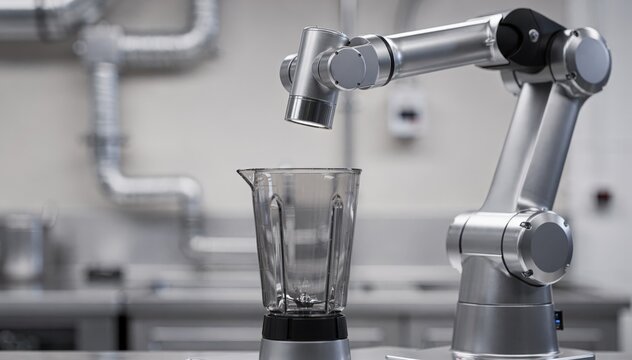 Focused medium shot of a robotic smoothie station in idle mode the robotic arm paused midair with a softly defocused backdrop highlighting the machinery.