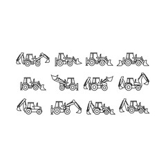 Set of outline backhoe loader construction vehicle icons with construction © Rimo