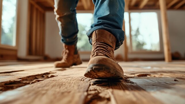 A person's booted footsteps are captured as they walk across a rustic wooden floor in an unfinished home, symbolizing a journey towards a new beginning and renovation.