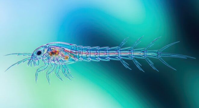 Microscopic close up shot showing the invasive organism, the spiny water flea, swimming in fresh water with its distinctive barbed tail, contamination, carapace, biological threat