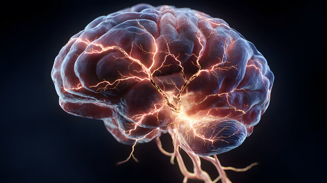 Human brain under stress with neural activity and electrical impulses
