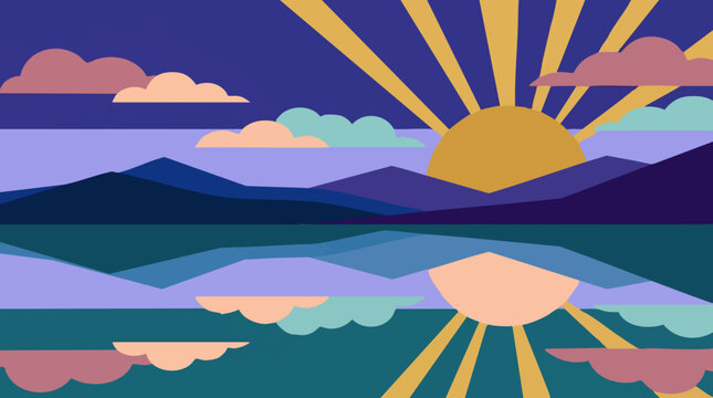 Vibrant Geometric Landscape: Sunrise over Mountains and Reflecting Water