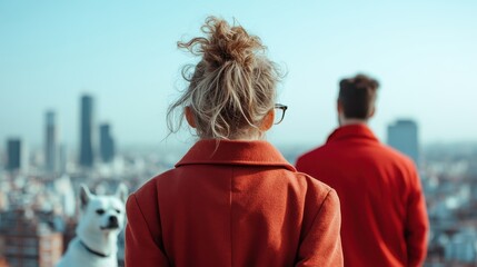 Fototapeta premium From behind, a couple stands with their dog, admiring a vast city skyline, representing companionship and connection against an urban backdrop on a clear day.