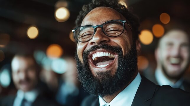 A joyful man with glasses boasts a broad, infectious smile in a lively setting, signifying warmth and camaraderie in a professional environment among others.