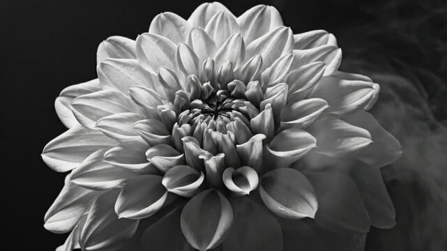 Black and white close up of a dahlia flower with softly billowing wisps of smoke in the background.