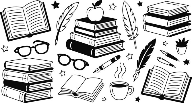 Hand drawn reading and education vector doodle set with books, glasses, quill pens, and coffee cup