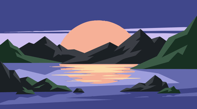 Flat design landscape with mountains, lake, and sunset reflection