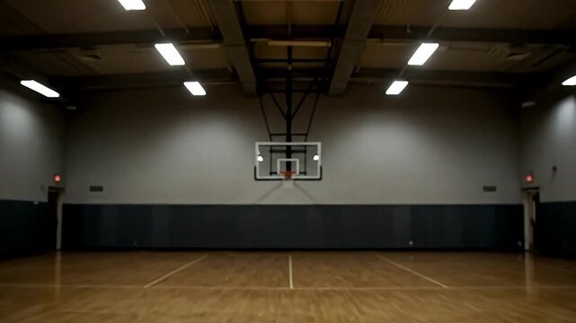 An empty basketball court with polished wooden floors and bright lights.