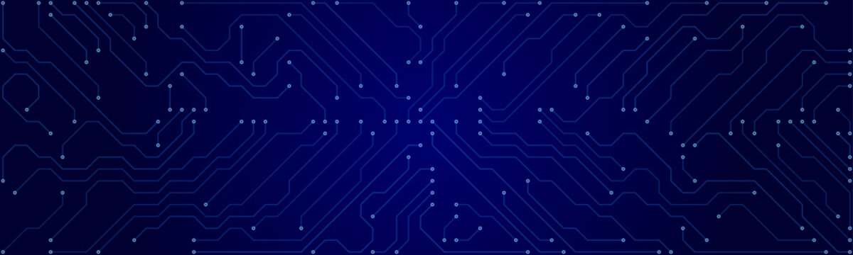 Abstract blue circuit board pattern with glowing white dots and intricate lines on a dark background for technology and data concepts