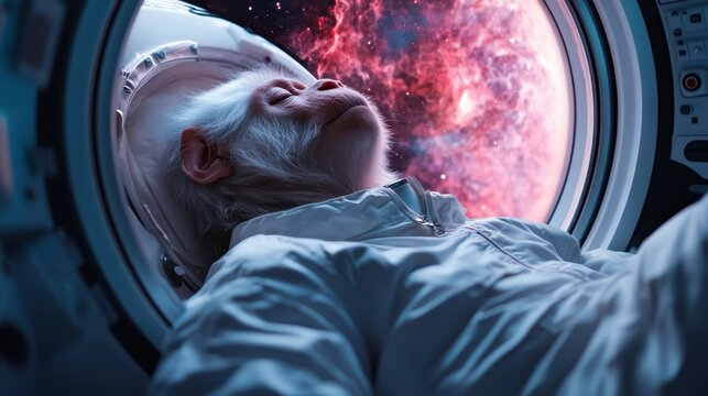 This imaginative portrayal of a monkey astronaut peacefully resting in a spacecraft against a stunning cosmic backdrop highlights the joy of exploration in a whimsical setting.