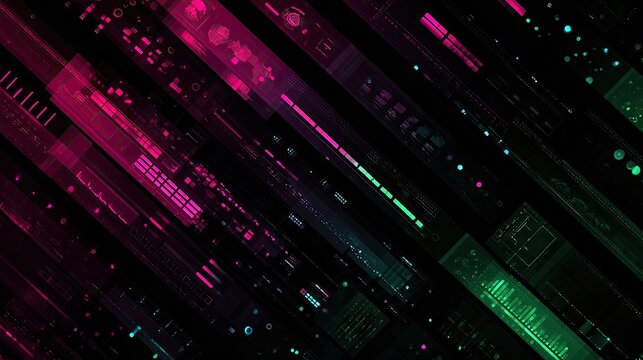 Diagonal lines of glowing digital data streams in neon pink and green