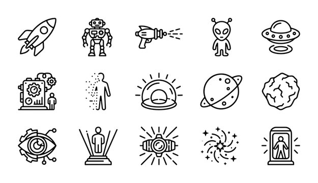 Sci-Fi Icons Set: Space, Robots, Aliens, UFOs, Rockets, Futuristic Technology Vector Graphics