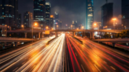 Fototapeta premium City street at night with car light trails and blurred buildings, long exposure photography
