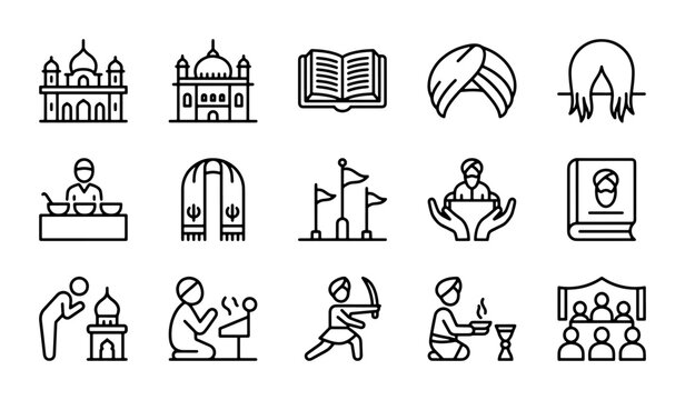 Sikhism Icons Set, Religious Symbols, Cultural Elements, Spiritual Practices, Vector Graphics