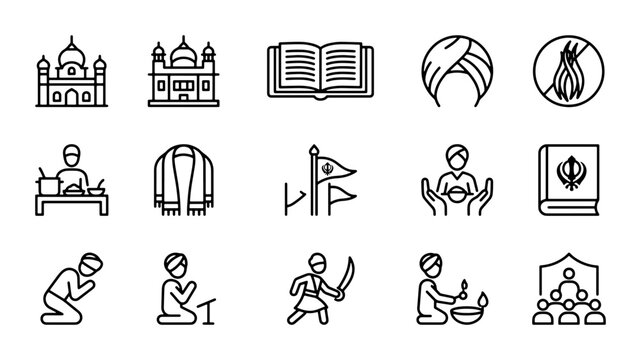 Sikhism Icons Set: Gurdwara, Turban, Guru Granth Sahib, Prayer, Worship, Culture