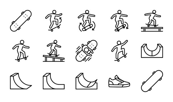 Skateboarding Icons Set: Action Figures, Boards, Ramps, and Shoes, Vector Graphics