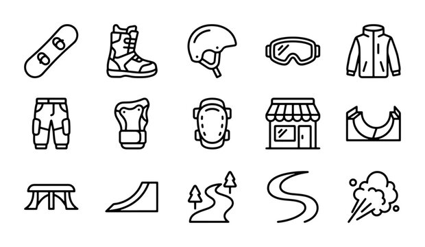 Winter Sports Icons Set: Snowboard, Ski Gear, Park Elements, and Outdoor Scenes