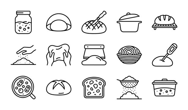Baking Icons: Sourdough Bread Making Process, Dough, Ingredients, Tools, Vector Set
