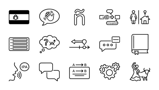 Spanish Language & Culture Icons Set: Translation, Communication, Education, Travel, Fiesta