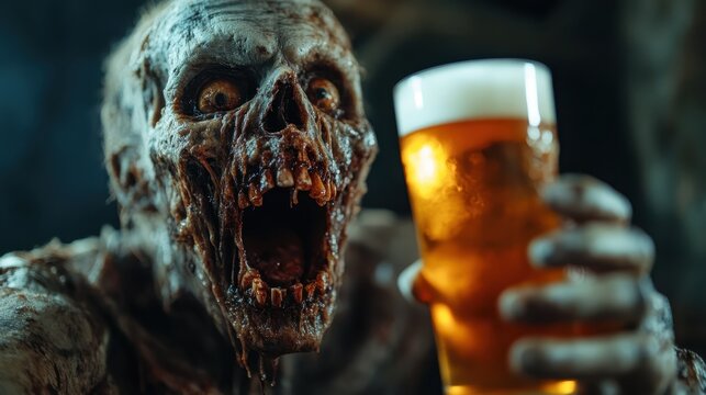 This eerie image showcases a terrifying zombie holding a glass of beer in a dark setting, eliciting feelings of horror while humorously blending two contrasting themes.