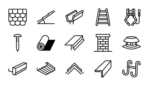 Roofing Elements Icons, Building Materials Vector Set, Construction Tools Graphics, Home Repair Symbols