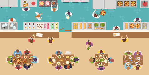 Naklejka premium Restaurant cafeteria top view panorama with buffet counter, kitchen staff and customers dining at tables, serving pizza, salads, desserts and drinks, flat vector illustration