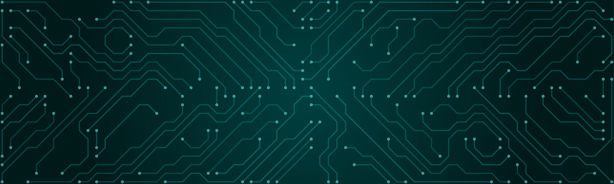 Abstract teal circuit board pattern with glowing nodes and intricate pathways on a dark gradient background for technology and digital themes