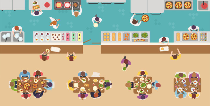 Restaurant cafeteria top view panorama with buffet counter, kitchen staff and customers dining at tables, serving pizza, salads, desserts and drinks, flat vector illustration