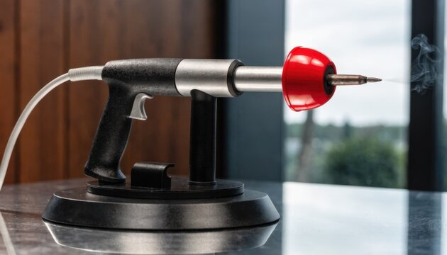 Medium shot of a soldering station with an autostandby feature activating accompanied by alert tones as the tool detects inactivity with focus on the tools ergonomic design.