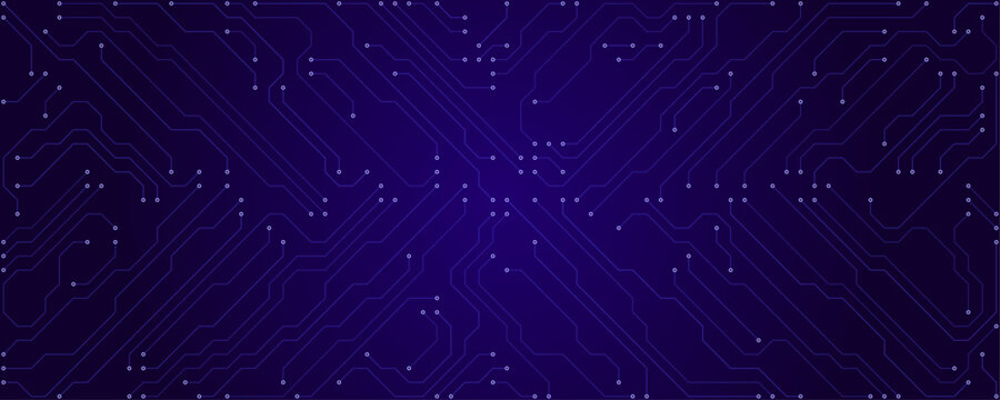 Abstract technological background with a dark purple electronic circuit board pattern and glowing white nodes for digital concepts