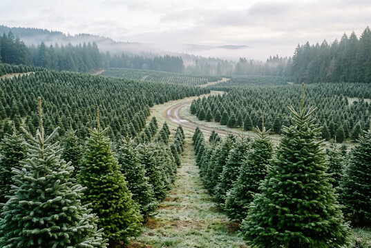 Christmas tree farm with rows of green pine trees along a dirt road in a foggy forest landscape