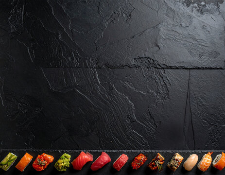 Luxury sushi restaurant setting with dark stone background and elegant sushi arrangement