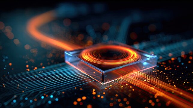 Futuristic glowing circuit board with energy vortex at its center
