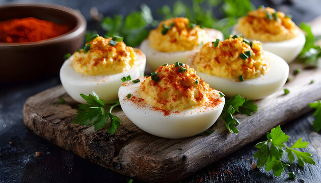 Deviled eggs with paprika, mustard and mayonnaise