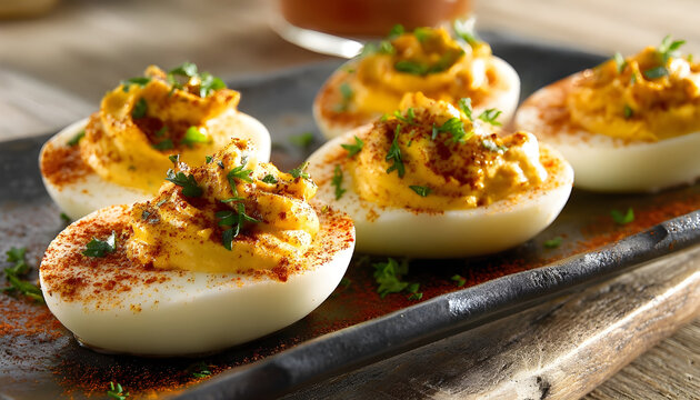 Deviled eggs with paprika, mustard and mayonnaise