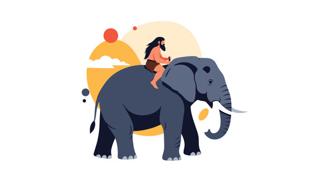 Prehistoric caveman with long hair riding on top of a large grey elephant with tusks against a sunrise background.