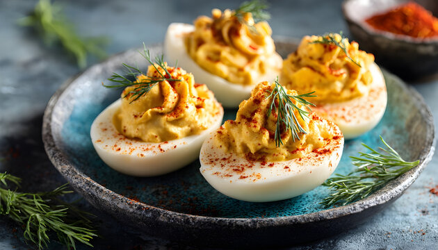 Deviled eggs with paprika, mustard and mayonnaise
