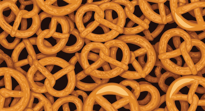 Dense pattern of many salty golden-brown pretzels filling the entire frame on a dark background for food-themed decoration.
